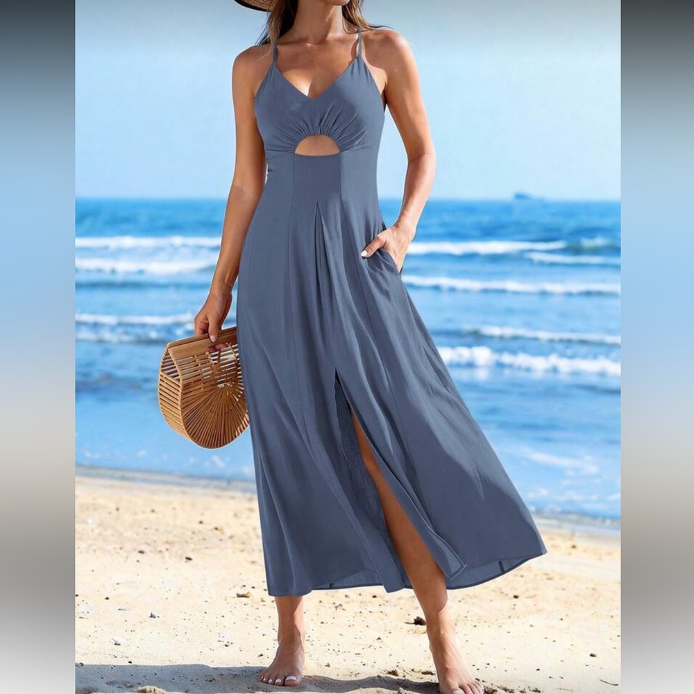 Dusty Blue Maxi Dress with Front Slit